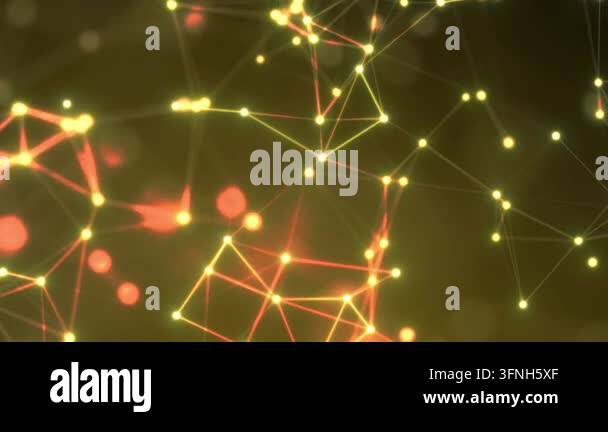 Abstract glowing yellow and red digital network with connected points ...