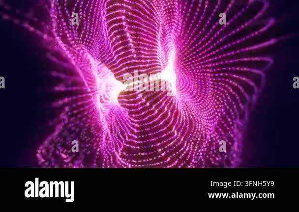 Abstract glowing pink wave grid with luminous flowing particles Stock ...