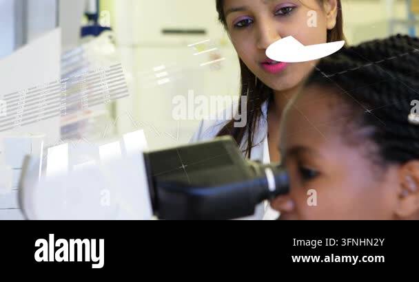 Instructor pointing, trainee peering microscope and focusing while data ...