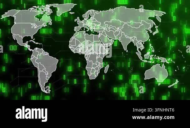 Network Mapping Visualization Pulsing neon-green blocks revealing world map, drawing borders, forming ...