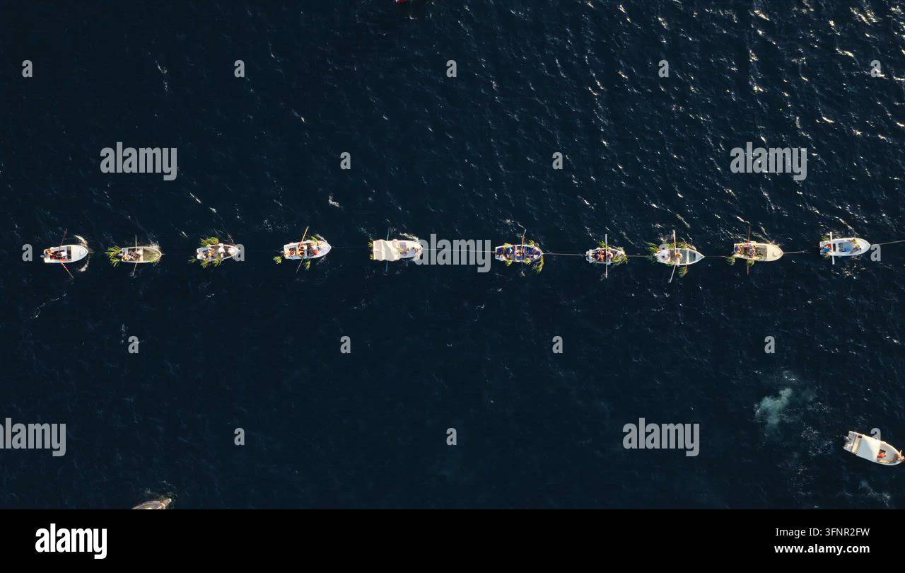 One Column Vector Straight Line of Row Boats on Dark Water From Above Stock Video Footage ...