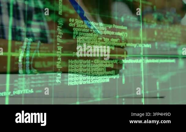 Faint code overlay shifting as female developer transcribing code on ...