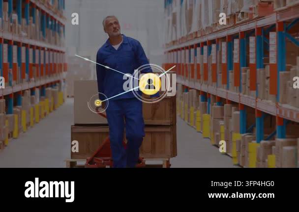 Male logistics worker observing UI emerging over pallet, pushing pallet ...