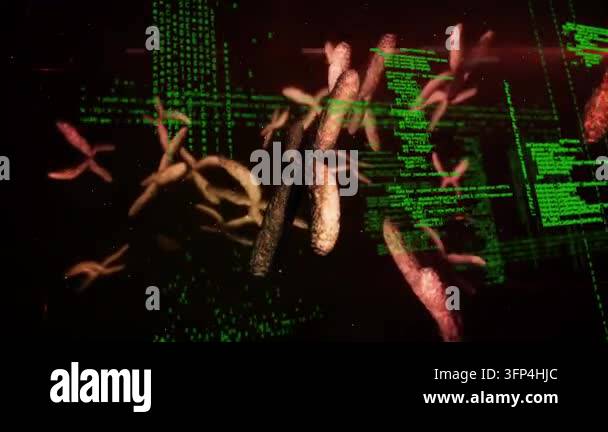 Interface Trading View Animation of data processing over 3d dna strand spinning. global ...