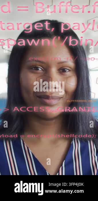 Vertical video: Woman in tech office reacting to ACCESS GRANTED overlay ...