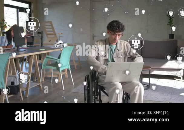 Wheelchair user opening laptop and starting tech work, animated AI ...