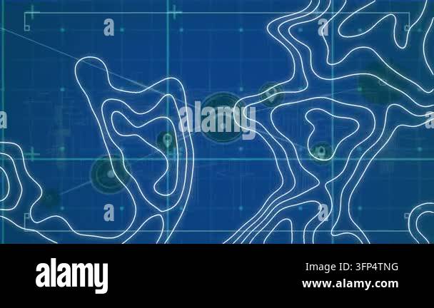 Animation of topography patterns and network of digital icons over gird ...