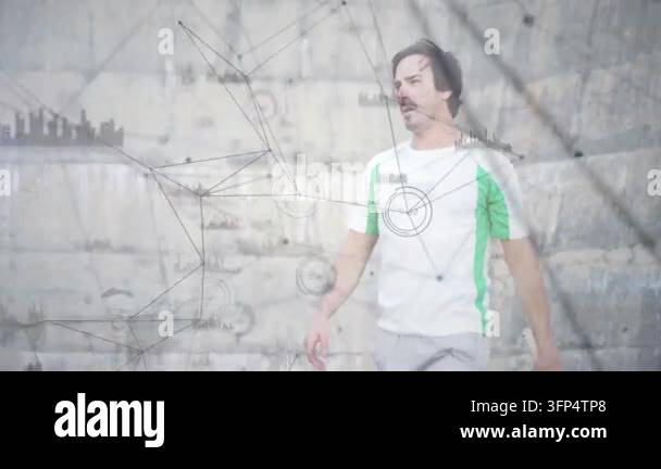 Graph Photo Network Visualization athletic man adjusting grip in urban court, showing technology network ...