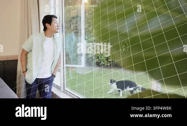 Teenage male leaning by window tracking cat walking on lawn, math grid ...