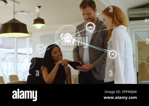 Seated woman pointing at tablet and initiating animated network overlay ...
