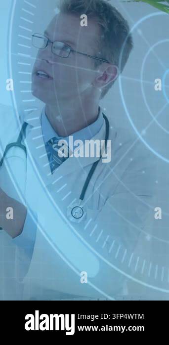 Vertical video: Male doctor lifting chin and touching pulsing HUD ...