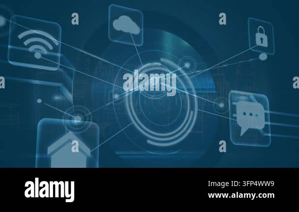 Animation of network of connections with scopes and cloud icons on blue ...