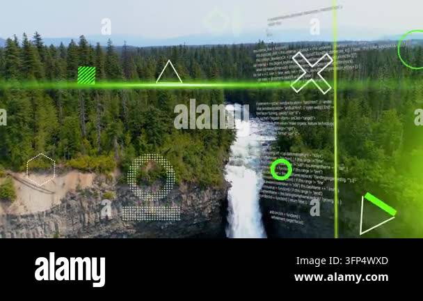 aerial camera descending, activating neon crosshair and code column ...