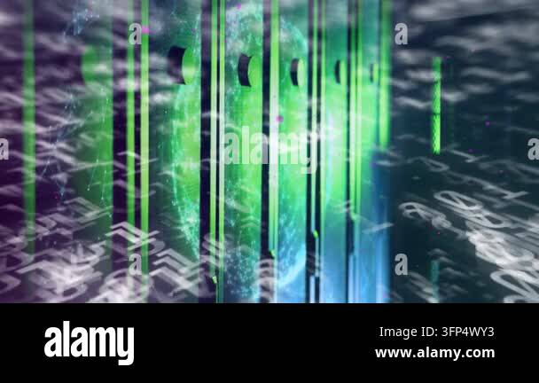 Moving glyph field sweeping foreground brightening globe animating ...