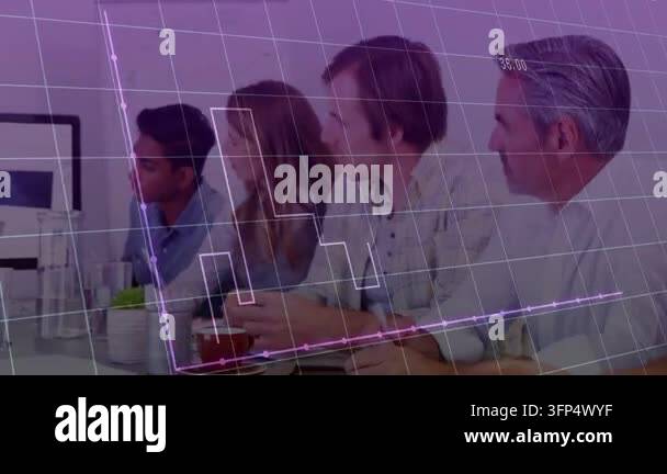 Seated team watching monitor showing remote host, purple grid rising ...