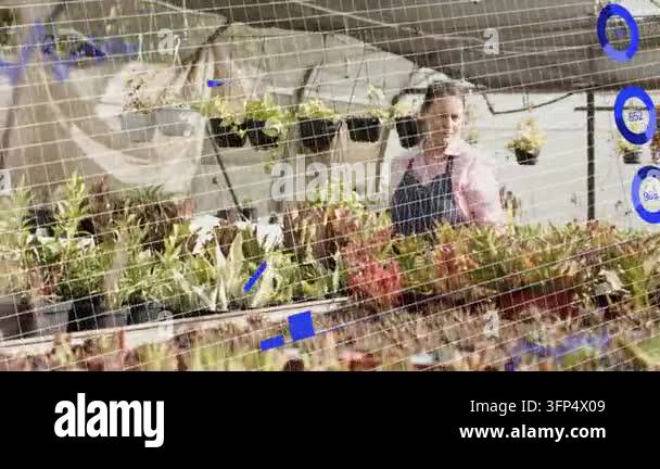 Greenhouse attendant noticing AR line chart, walking bench, inspecting ...