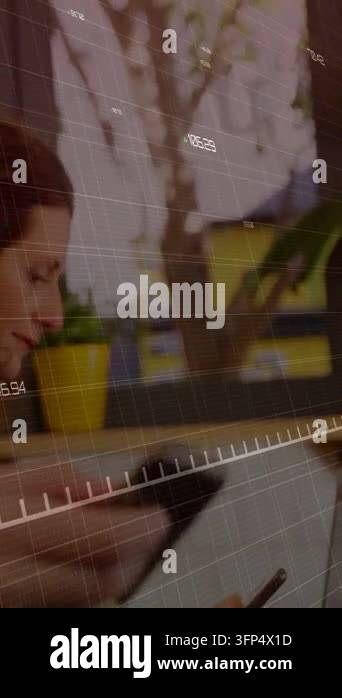 Woman tapping phone and holding tablet starting market chart with ...