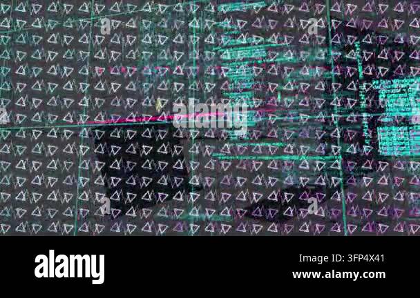Animation of digital rotating triangular shapes over moving programming ...