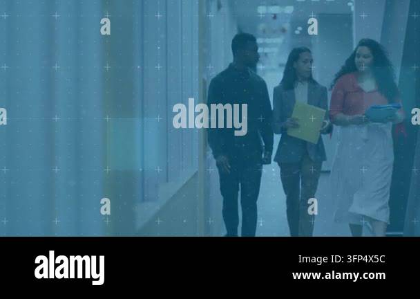 Overlay Html Over Video Office team entering hall holding folders overlay over group discussing ...