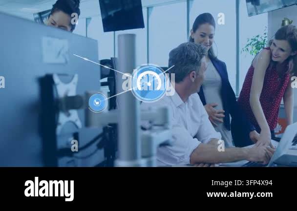 Seated man typing on laptop with team, visualizing network, blue icons ...