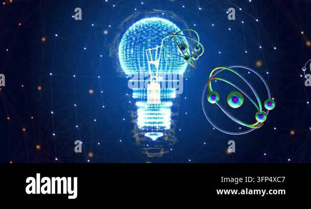 Animation of atomic structures over light bulb and networks on blue ...