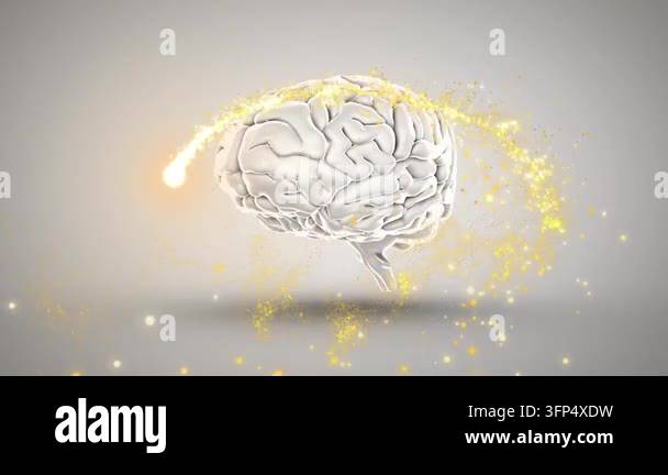 Digital animation of golden shooting star over spinning human brain ...