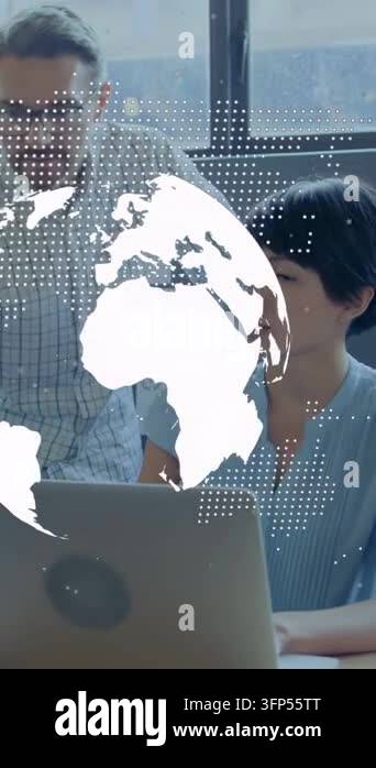 Animated globe appearing over scene, woman using laptop and man ...