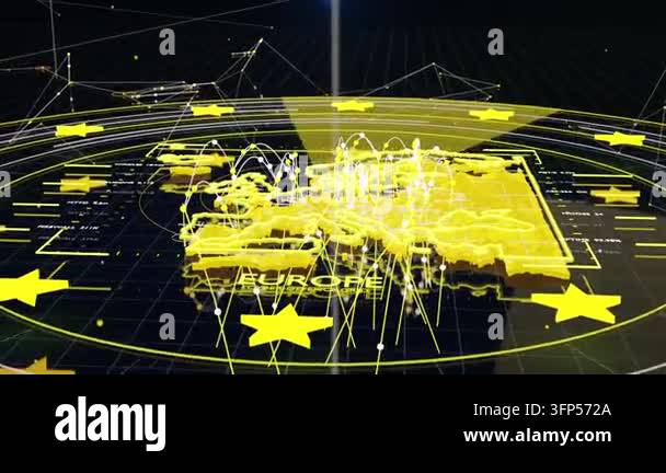 Animating yellow EUROPE map, nodes appearing and forming arcs, showing ...