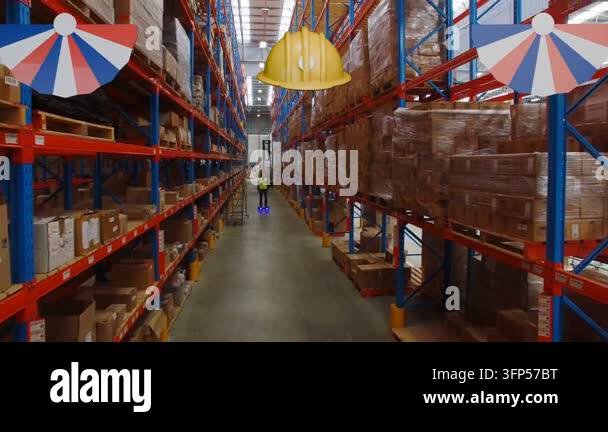 Pallet Rack Blue Drone advancing down warehouse aisle, graphics appearing, letters ...