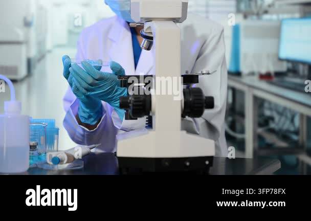 Scientist wearing gloves and mask, examining a petri dish under a ...