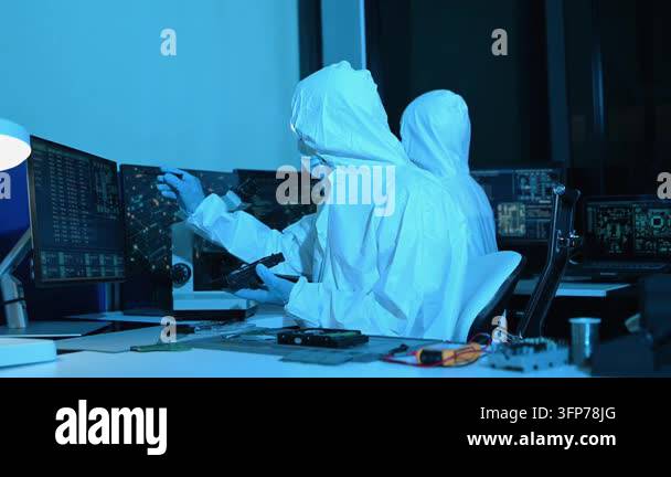 Two scientists in hazmat suits working in a laboratory with multiple ...