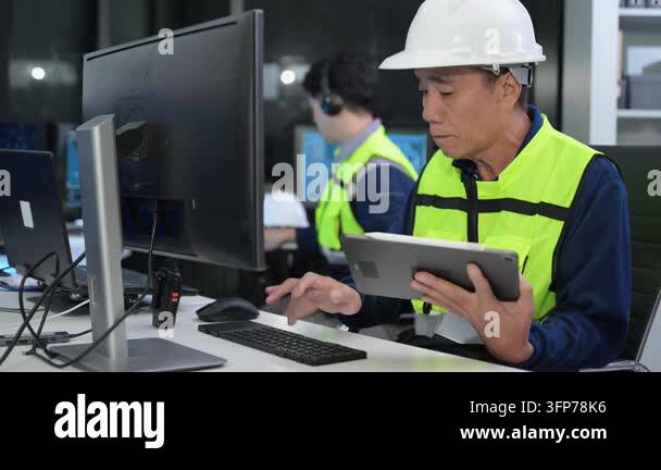 An engineer wearing a hard hat and safety vest works at a computer ...