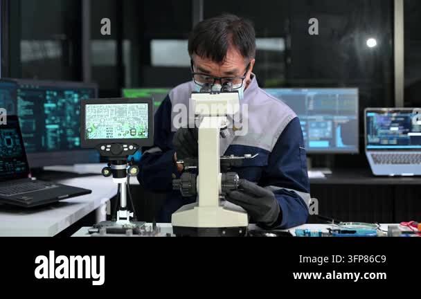 A man wearing glasses and gloves is examining a circuit board under a ...