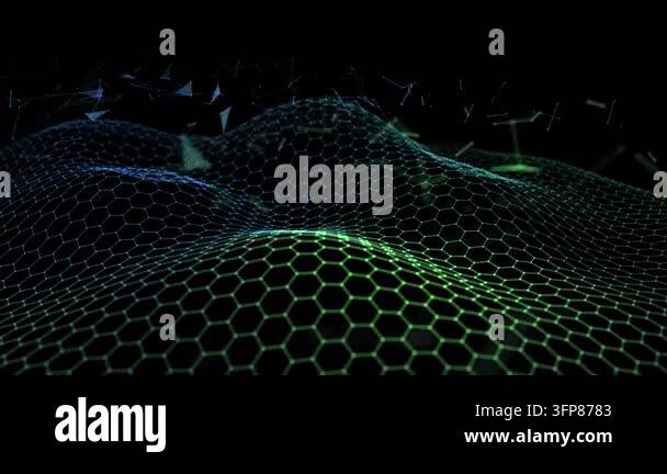 Abstract technology background with wavy color hexagonal grid on dark ...