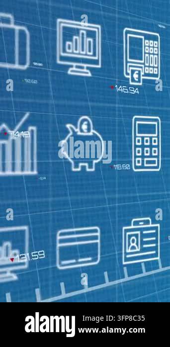 Animating green line graph over financial and business icons on blue ...
