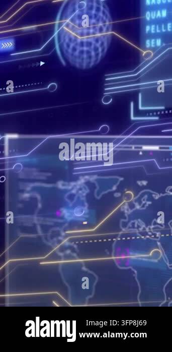 Animation of computer circuit board over data processing on black ...