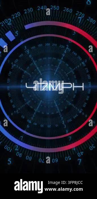 Digital Speedometer Sign Animation of speedometer over data processing on black background ...