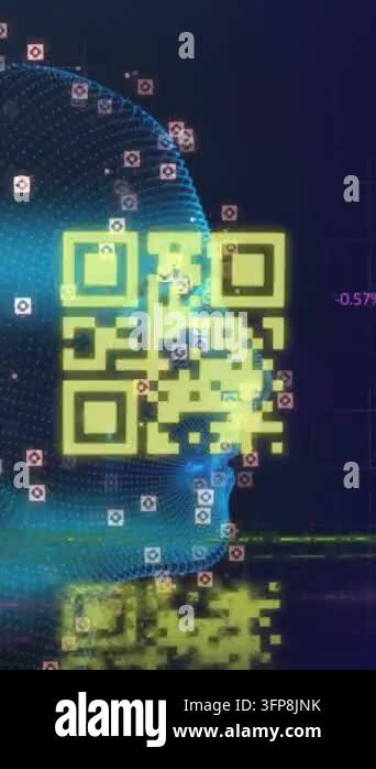 Animation of network of connections over qr code and head. Global ...