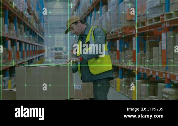 Notepad Clip Vector Warehouse worker lifting parcel inspecting label recording on pad while ...