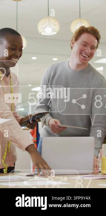 Vertical video: Woman tapping tablet, team rearranging prints in ...