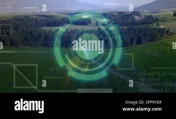 Overlay Html Over Video HUD appearing over valley, teal rings pulsing and rotating, sweeping ...