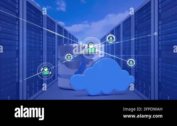 Animation of network of connections with icons and cloud over computer ...