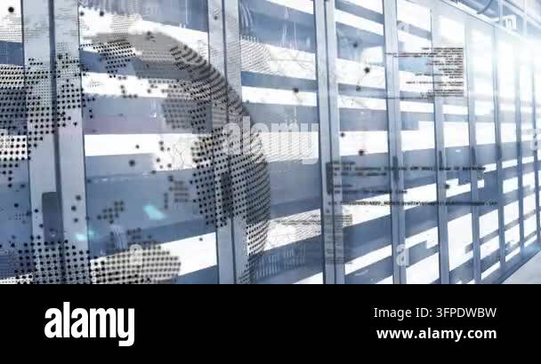 Animation of spinning globe and data processing against light trails ...