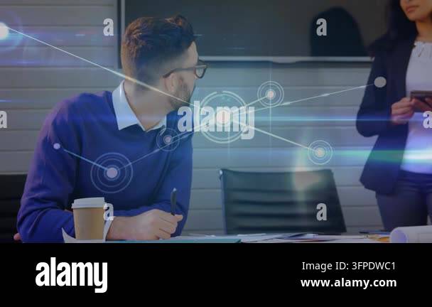 Animation of network of connections over diverse man and woman working ...