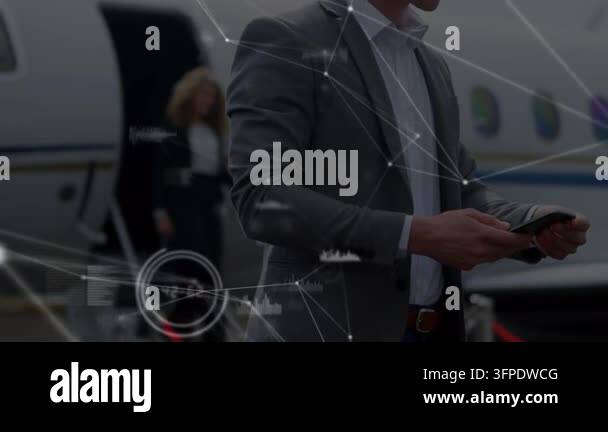 Animation of network of connections over businessmen using smartphone ...