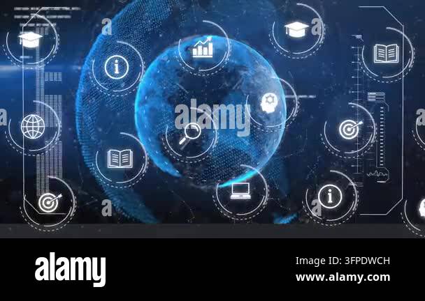 Animation of network of connections with icons over cityscape. Global ...
