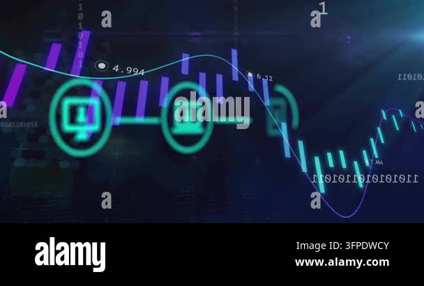 Animation of network of media icons over graph and processing data on ...