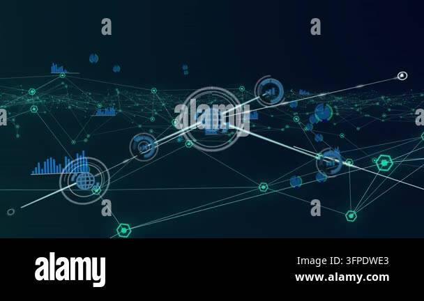 Animation of network of connections with icons over black background ...
