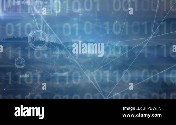 Animation of connections and binary code over landscape. Network ...