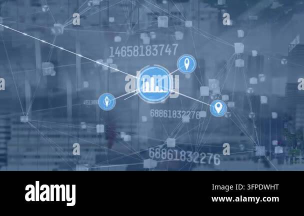 Animation of network of data icons and data processing over computer ...